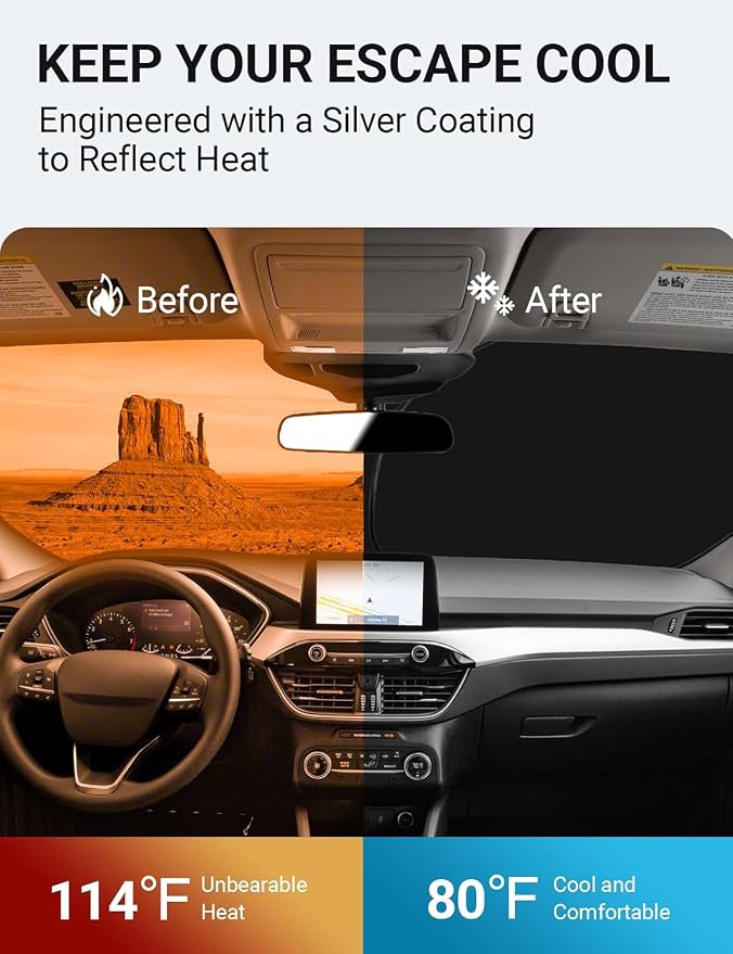 Proadsy Custom Fit 2020-2026 Ford Escape Windshield Sun Shade, Blocks Heat | 240T Heat Shield, Drops Temp 54°F, Blocks 99% UV, Prevents Dashboard Cracking, Summer Parking & Beach Trips, Easy Twist-Fold - Image 3