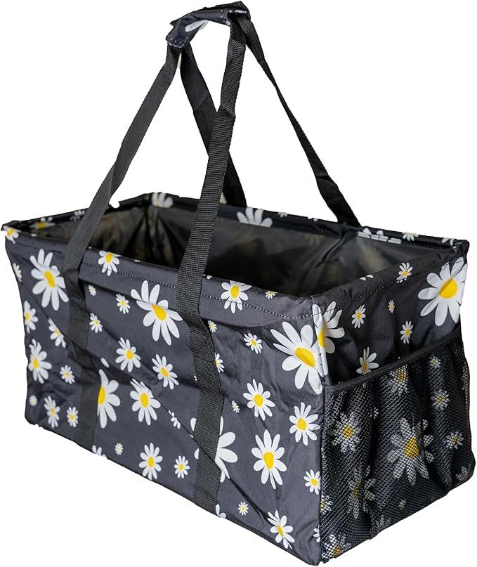 Extra Large Utility Tote Bag - Oversized Collapsible Reusable Wire Frame Rectangular Canvas Basket With Two Exterior Pockets For Beach, Pool, Laundry, Car Trunk, Storage - Black Daisy by Lucazzi