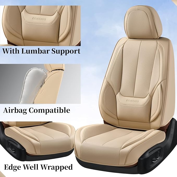Coverado Car Seat Covers Full Set, Car Seat Protector Waterproof, Nappa Leather Car Seat Cushion, Beige Seat Covers for Cars, Front Seats and Back Universal Fit for Most Cars - Image 2