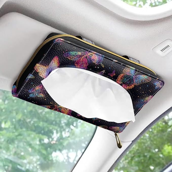Biyejit 2 Pack Car Tissue Holder, Colorful Butterfly PU Leather Sun Visor Napkin Box Holder, Hanging Tissue Mask Holder with Glasses Clip for Car Visor, Auto, Vehicle Accessories - Image 2