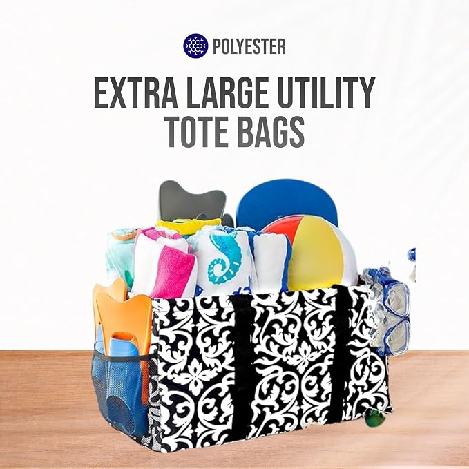 Extra Large Utility Tote Bag - Oversized Collapsible Reusable Wire Frame Rectangular Canvas Basket With Two Exterior Pockets For Beach, Pool, Laundry, Car Trunk, Storage - Damask Black - Image 7