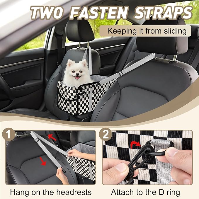 Console Dog Car Seat for Small Dogs, Foldable Booster Seat, Black Checkered | Portable Booster Seat Sits On Car Console/ Armrest. Foldable for Easy Storage. for Center Console, Easy To Clean. - Image 5