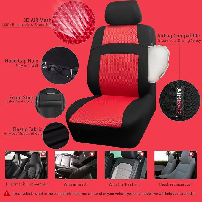 CAR PASS 3D Air Mesh Car Seat Covers Full Sets w/5mm Sponge, 4Pcs Waterproof Car Floor Mats, Steering Wheel Cover Universal Fit for SUV Sedan Truck, Airbag Compatible Automotive Interior(Black & red) - Image 2