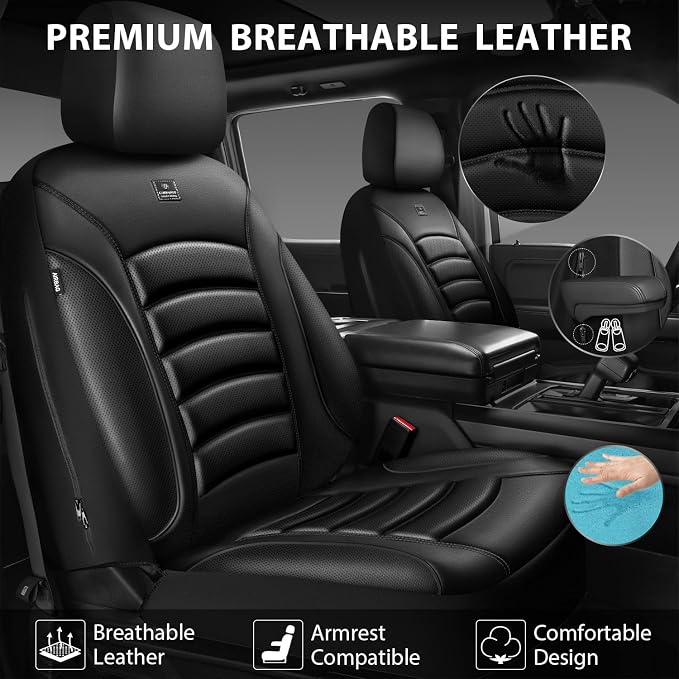 CAR PASS 3D Foam PU Leather Car Seat Covers, Universal Seat Covers Front 2 for Trucks SUV Sedan Automotive Seat Covers Armrest Airbag Compatible Waterproof Comfortable Faux Nappa Leather All Black - Image 7