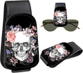 Leather Magnetic Sunglass Holder for Car Sun Visor, Cute Eyeglass Ticket Card Hanger Clip, Universal Auto Interior Accessories for SUV Pickup Truck, Skull Floral by Unknown