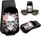 Leather Magnetic Sunglass Holder for Car Sun Visor, Cute Eyeglass Ticket Card Hanger Clip, Universal Auto Interior Accessories for SUV Pickup Truck, Skull Floral by Unknown