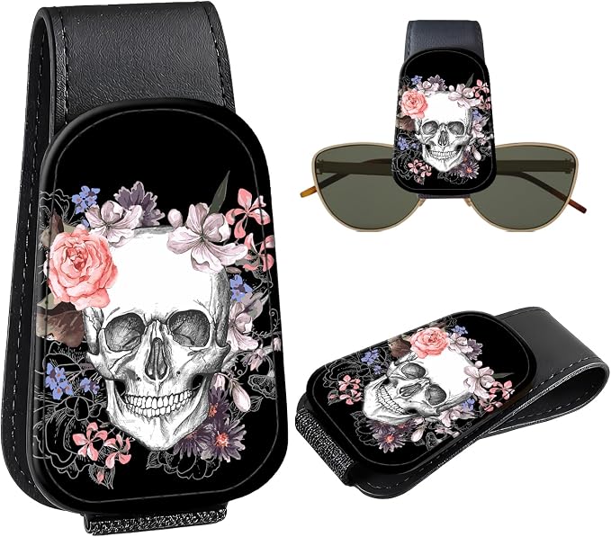 Leather Magnetic Sunglass Holder for Car Sun Visor, Cute Eyeglass Ticket Card Hanger Clip, Universal Auto Interior Accessories for SUV Pickup Truck, Skull Floral by Unknown