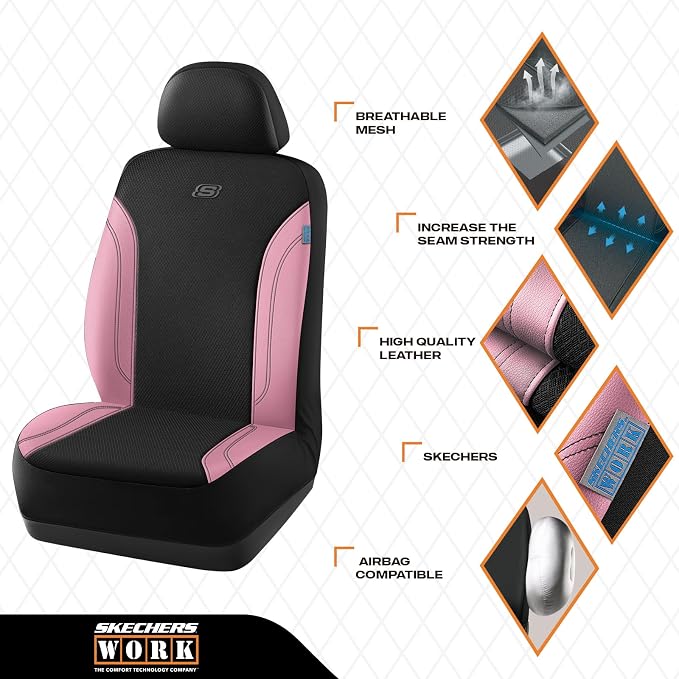 Skechers Work Seat Covers, Leather Car Seat Covers 5-Times Stronger Built-in Webbing, Oxford Fabric Seat Cover Full Sets, Airbag Compatible, Automotive Comfort for Cars, Trucks, SUVs,Pink - Image 3