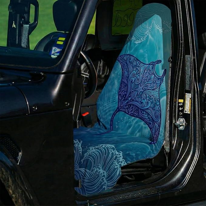 2 Pack Car Seat Towel Covers, Sweat-Proof Microfiber Seat Protectors for Gym, Running, Beach & Workout, Breathable Quick-Dry, Machine Washable, Coral Manta Ray Print, Universal Fit - Image 4