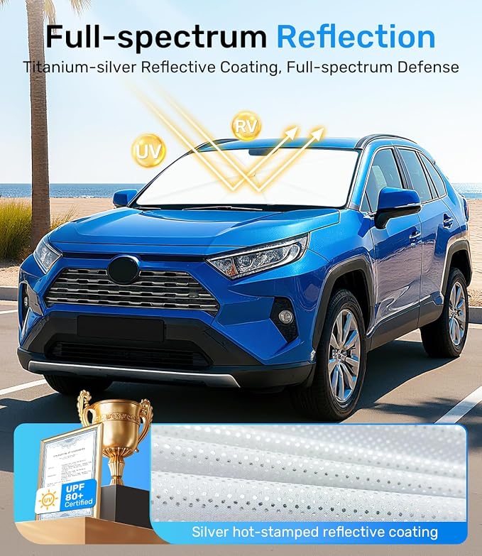 Zanch Upgrade Windshield Sun Shade, Custom Fit for Toyota RAV4 2019-2025 [Titanium-Silver Reflective Coating] Blocks 99% UV & Heat, Sunshade Umbrella for RAV4 2019 2020 2021 2022 2023 2024 2025 - Image 3