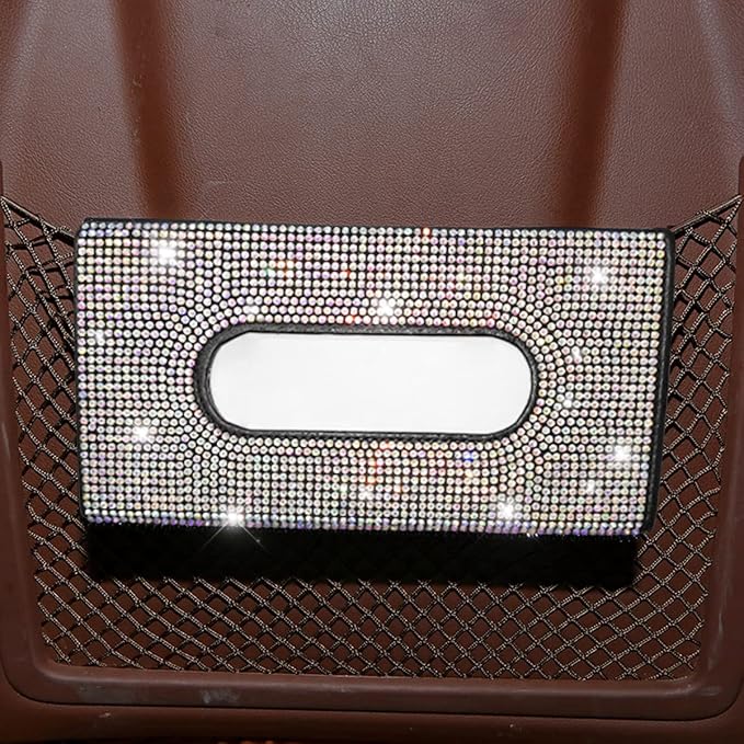 Bling Car Sun Visor Tissue Box Holder, Rhinestone PU Leather Crystal Sparkling Napkin Holder, Backseat Paper Towel Cover Case Car Accessories for Women (Multicolor) - Image 7