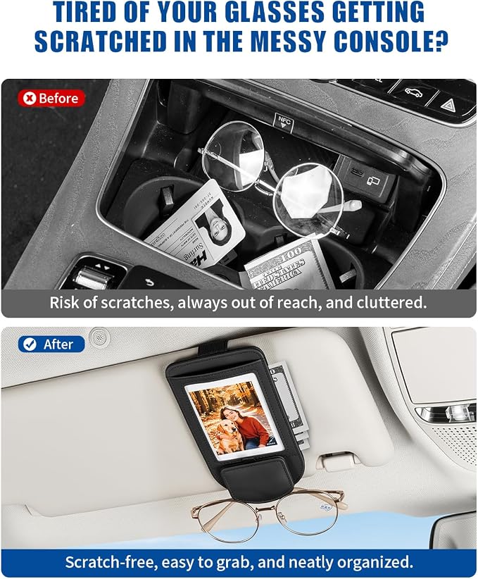 Car Visor Sunglasses Holder, 3 in 1 Glasses Clip with Photo Picture Display & Extra Storage Pocket, Anti-Slip Universal Sun Visor Organizer, 2026 Upgraded (1, Black) - Image 3