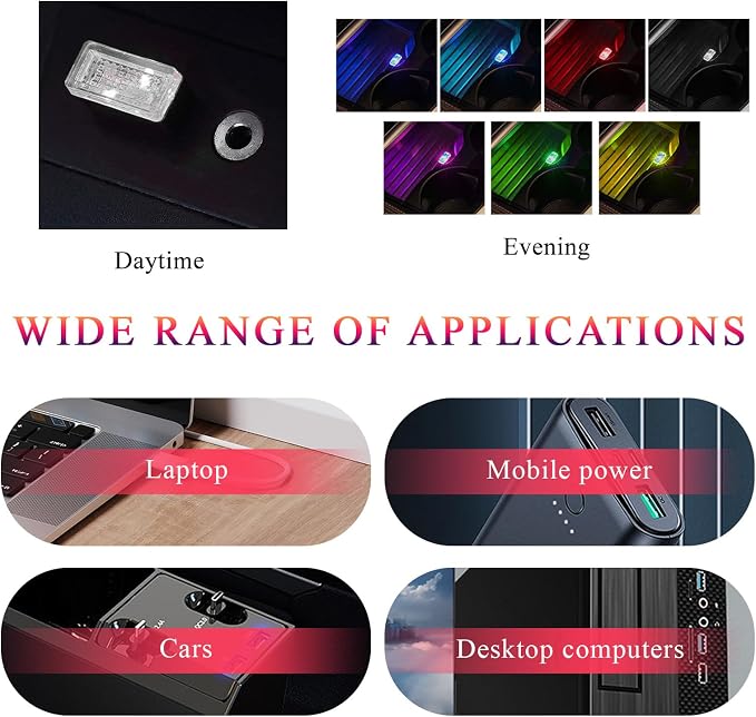 Yourkar 4 PCS USB LED Car Interior Atmosphere Lamp, Plug-in USB Interface Trunk Ambient Lighting Kit, Night Led Decoration Mini USB Light, Universal Interior Car Accessories (White+Red) - Image 5