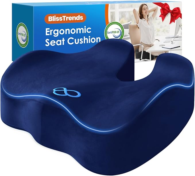 BlissTrends Thick Seat Cushion for Office Chair & Car Seat, XL, Blue | Memory Foam with Removable Cover, Ergonomic Tailbone & Sciatica Support for Pressure Relief and Long Sitting, 3.9" Thick by BlissTrends