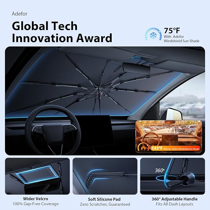 2026 Upgraded Windshield Sun Shade Umbrella for Tesla Model Y [Precision Custom Fit, Superior UV & Heat Block] Cooling Tech Fabric, Durable Foldable with Storage Bag, Fits 2020-2026 - Image 5