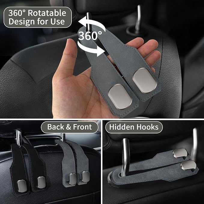 Car Purse Hook, Car Seat Headrest Hooks, Grey Leather 4 Pack | Car Purse Holder Hooks, Universal Car Hangers Seat Back Organizer Storage, Double Metal Hooks for Grocery Purses and Bags - Image 2