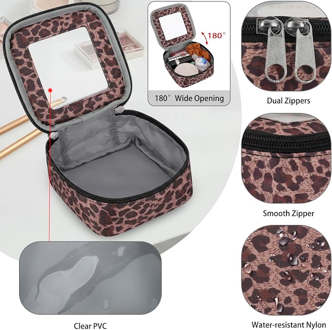 DOB SECHS Mini Leopard Makeup Bag for Purse 5.1'' x 5.1'' Small Makeup Bag for Car Cute Clear Cosmetic Bags with Zipper, Tiny Toiletry Bag Lipstick Organizer Pouch Case Travel Essentials Storage Pouch - Image 5