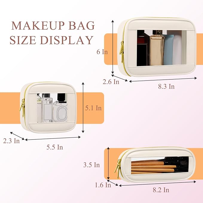 3-Piece Travel Clear Makeup Bag Set, Small Cosmetic Bag with Makeup Brush Case, Leather Waterproof TSA Approved Toiletry Bag with Zipper, Car Organization for Women (Beige-2, Mini+Slim+Medium) - Image 2