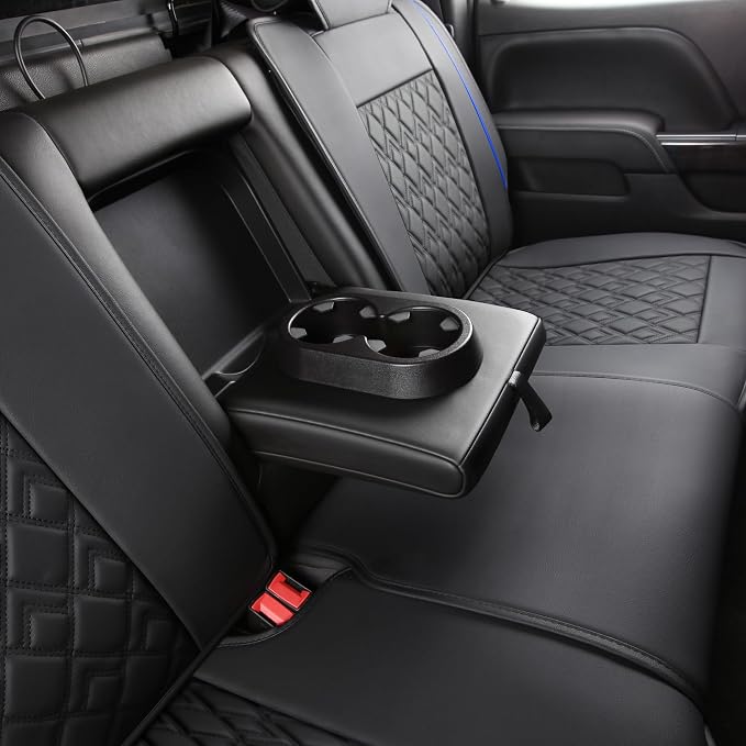 Chevy Silverado Seat Covers,Leather Seat Covers for GMC Sierra,Custom Fit 2007-2026 1500 2500HD 3500HD Crew Double Extended Regular Cab,LT LZT RST(Full Set,Black Blue) - Image 8