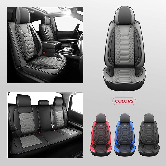 FREESOO Custom Leather for Toyota Tundra Seat Covers 2014-2021 Crewmax Cab | Custom Fit, Full Set, 60/40 Split Bench, Waterproof Faux Leather, for Truck Toyota Tundra Accessories, BlackGrey - Image 6