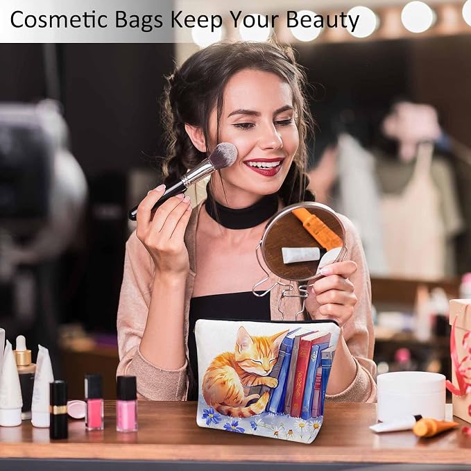 Cat Cosmetic Travel Bag For Toiletries, Funny Cat Kitten Sleep Floral Library Bookshelf Makeup Bag Toiletry Bags For Women, Flax Cosmetic Bags Make Up Bag Purse Toiletries Bag Birthday Gift - Image 2
