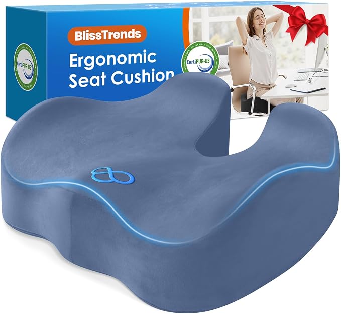 BlissTrends Memory Foam Seat Cushion for Office Chair & Car Seat, LightBlue | Ergonomic Tailbone & Sciatica Support with Removable Velvet Cover for Pressure Relief and Long Sitting Comfort, 3.3" Thick by BlissTrends