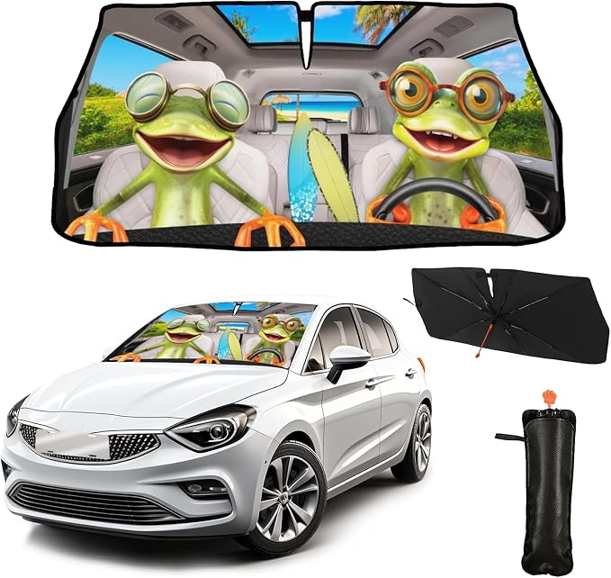 CHILL·TEK Funny Animal Car Windshield Sun Shade Umbrella, Frog Driving Car Sun Shade Umbrella, Block UV Rays Heat Foldable Windshield Umbrella Sun Visor Protector - Keep Vehicle Cool for Cars SUV by CHILL%C2%B7TEK