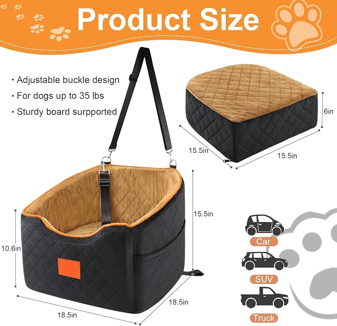 XIEEAOZEE Dog Car Seat for Small/Medium Dogs & Cats Under 35 lbs | Memory Foam Booster Dog Seat, Travel Safety Pet Car Seat with Washable Removable Cover, Storage Pockets (Black/Brown) - Image 2