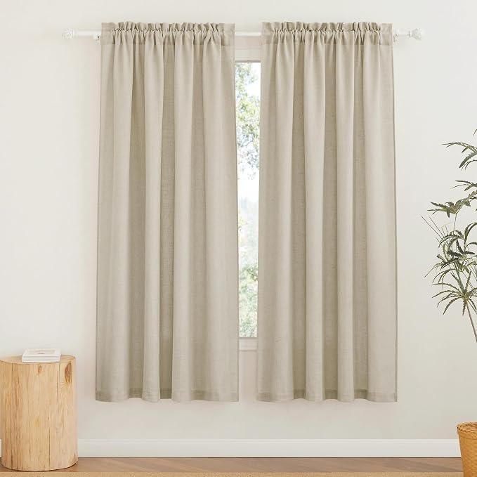 RYB HOME Linen Semi Sheer Curtains for Living Room, Light Filtering Half Privacy Window Curtains & Drapes for Bedroom, 2 Panels, Beige, 34" W x 72" L by RYBHOME