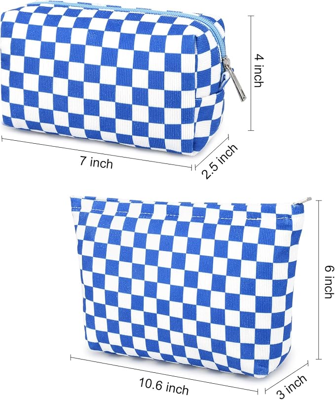 SOIDRAM 2 Pcs Checkered Makeup Bag Large Cosmetic Bag Toiletry Bag Makeup Pouch Travel Bag Organizer Cute Makeup Brushes Aesthetic Accessories Storage Bag for Women Royal Blue - Image 3