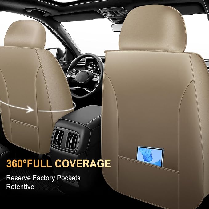 IKABEVEM for Chevy Colorado Seat Covers 2015-2025 2026 5 Seats Full Set | Luxury Waterproof Faux Leather Pickup Seat Protectors Fit Chevrolet WT LT Custom Trail Boss Z71 ZR2,Beige - Image 8