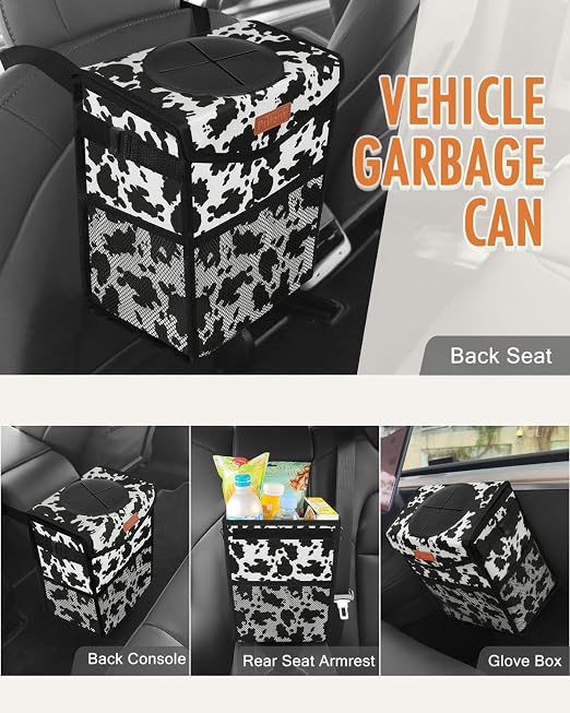 Pritent Car Trash Can with Lid Leakproof Car Garbage Bag Vehicle Trash Bin | Hanging Automotive Garbage Can,Multipurpose Car Accessories for Women Men Interior Car Storage Organizer(2.8 Gal,Cow Print) - Image 6