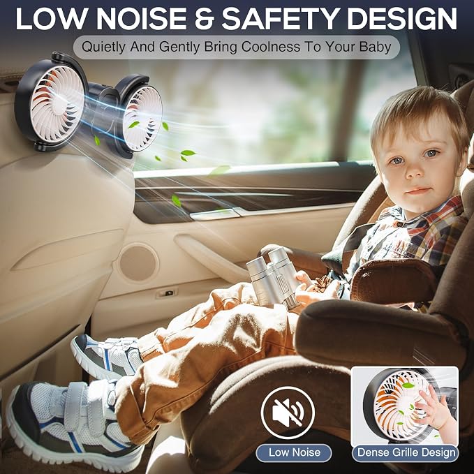 Dealswin Rechargeable Car Fan for Back Seat, Battery and USB Dual Power Car Fans for Baby Kids, Powerful 3 Speeds 360° Rotatable Dual Head Cooling Car Seat Fan - Image 7