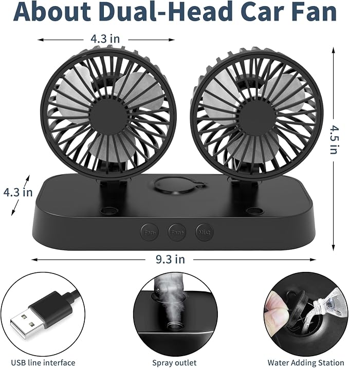Car Fan, Portable USB Powered Dual Head Cooling Fan for Car, 360° Rotatable & 2 Speeds Adjustable & Mist Function, Powerful Air Circulation for Vehicle Truck SUV Jeep RV Boat, 12V - Image 8