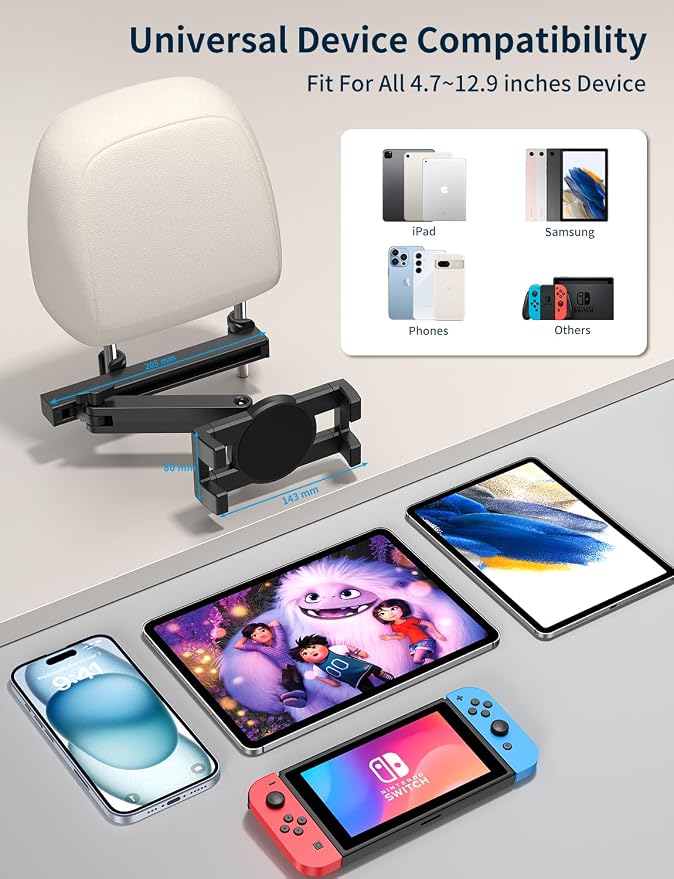 Tablet Holder for Car Headrest, ipad Car Holder Back Seat, Road Essentials | 3 in 1 Adjustable Extension Arm, 360 rotation, ipad Holder for Car for Kids, fits 4.7-12.9" iPad Pro, Air, Mini, Galaxy, Fire - Image 6