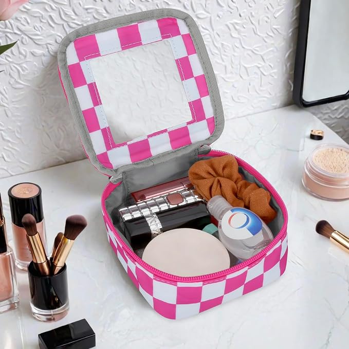 DOB SECHS Mini Checkered Bag for Purse 5.1'' x 5.1'' Small Makeup Bag for Car Cute Clear Cosmetic Bags with Zipper, Tiny Toiletry Bag Lipstick Organizer Pouch Travel Essentials Storage Pouch, Hot Pink - Image 4