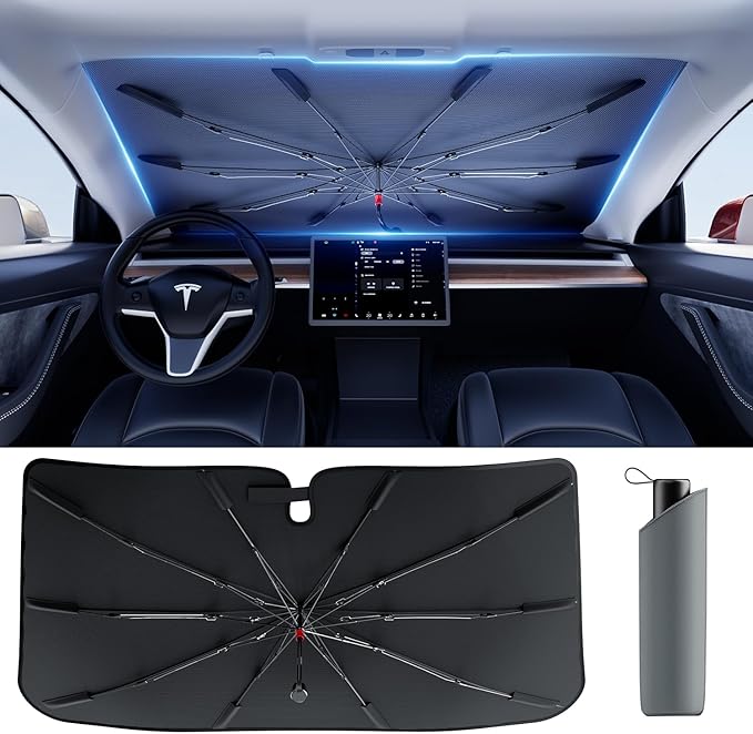 DMJN Umbrella Windshield Sun Shade for Car & SUV, Car Sunshade for Front Windshield [Nano Ice-Crystal Coatings] UPF50+ Heat & UV Block, Protect Interior & Keep Cooler Universal for Most of Sedan & SUV by DMJN