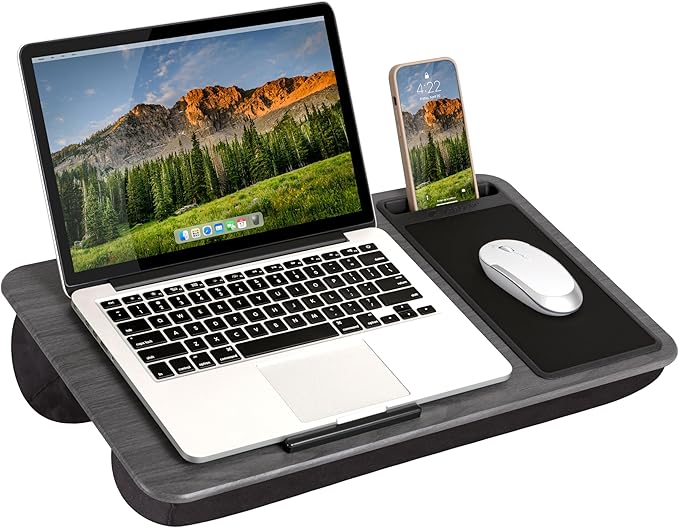 LAPGEAR Home Office Lap Desk – Gray Woodgrain, Fits 15.6” Laptops | Built-In Mouse Pad & Phone Slot, Integrated Device Ledge, Dual-Bolster Microbead Cushion, Carry Handle by LapGear