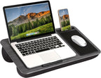 LAPGEAR Home Office Lap Desk – Gray Woodgrain, Fits 15.6” Laptops | Built-In Mouse Pad & Phone Slot, Integrated Device Ledge, Dual-Bolster Microbead Cushion, Carry Handle by LapGear