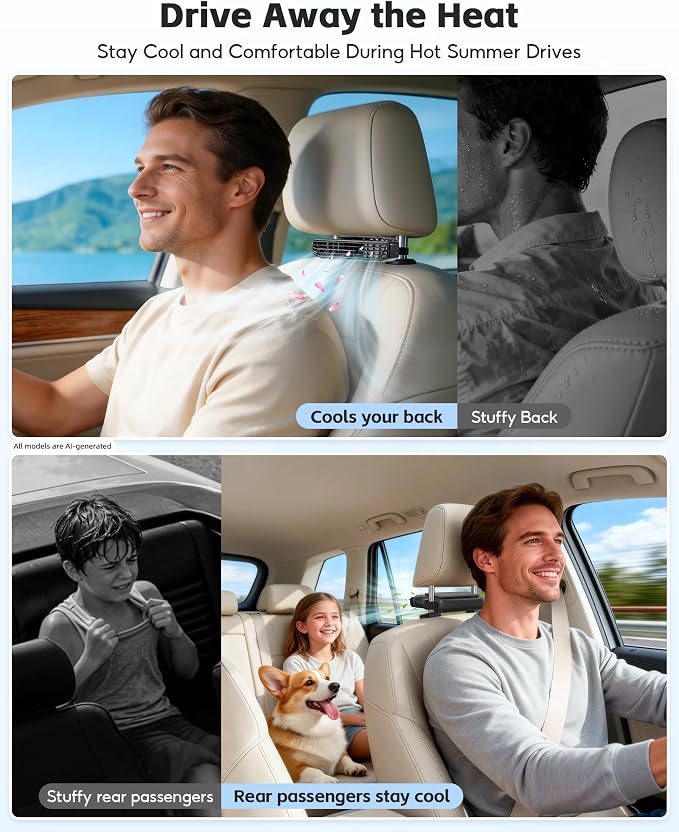 Rechargeable Car Seatback Fan with Aromatherapy, 5-Speed LED Display | Detachable portable design with hidden stand, safe cooling for kids, fits headrest posts spaced 4.7–7.4 inch - Image 7