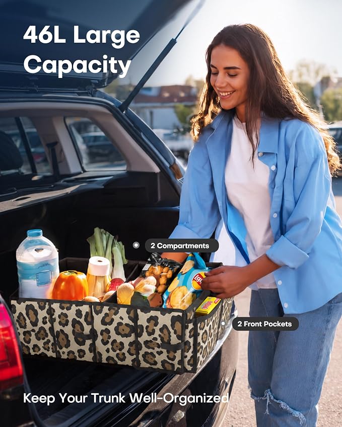 HOTOR Trunk Organizer - Foldable Car Organizer for SUVs & Sedans Storage | Sturdy Car Organization for Men & Women, Car Accessories, Tools, Sundries, Leopard, 2 Compartments, 21.3" x 12.6" x 10.6" - Image 3