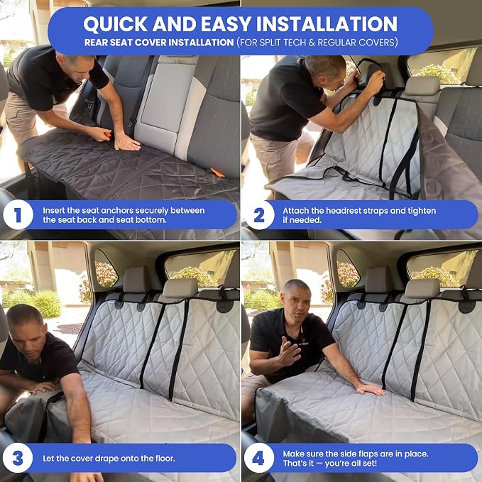 4Knines Heavy-Duty Rear Seat Cover for Dogs - Fitted, Grey Reg | K9-Shield waterproof layer, non-slip backing, quick-release clips for easy install and cleanup. Machine washable. - Image 8