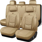 CAR PASS Luxury Nappa Leather Seat Covers Full Set, Water Resistant Faux Leather Seat Cover with Lumbar Support, Breathable Automotive Seat Covers Universal Fit for Sedan SUV Van Truck, Pure Beige by CARPASS
