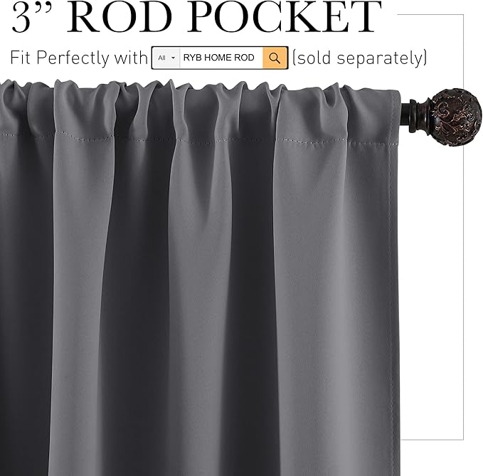 RYB HOME Short Blackout Curtains for Small Window Kitchen Bathroom Cafe RV | Sunmmer Heat Light Blocking, Privacy, Energy Saving, For Sunroom Laundry Room Stair Window, W52 x L36, Grey, 2 Panels - Image 2
