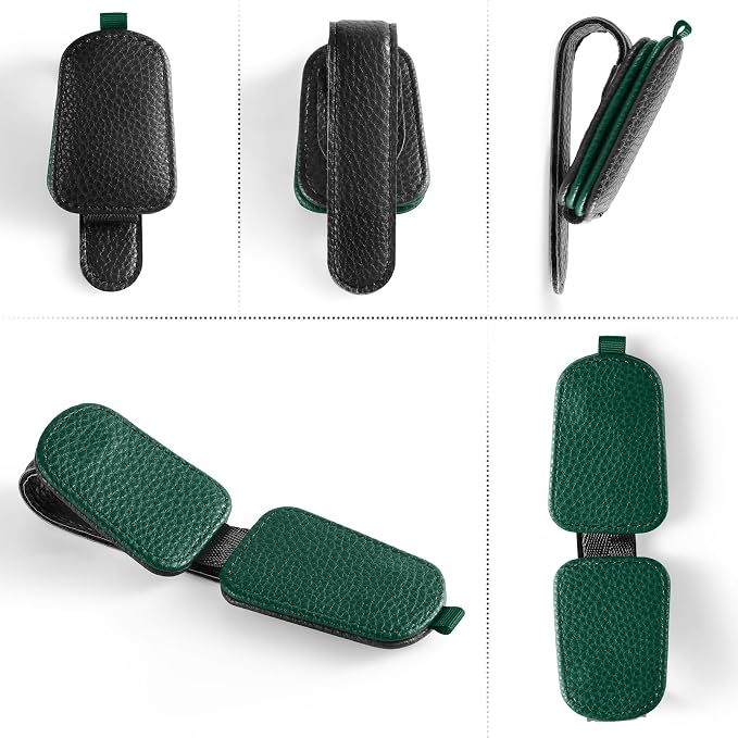 SINGARO Sunglasses Holder for Car, Leather Magnetic Buckle Sun Visor Sunglass Clip, Ticket Card Storage Glasses Clip, Car Interior Accessories for Men and Women（2PCS Black-Green） - Image 4