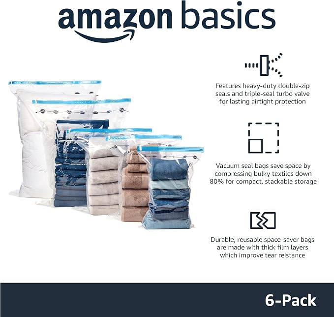 Amazon Basics Vacuum Storage Bags for Clothes, Space Saving Compression Storage Bags with Hand Pump, Heavy Duty, Stackable, Jumbo Size, Clear, 6-Pack - Image 2