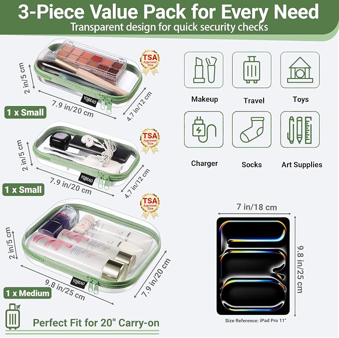 YQBRAO Clear Hard Shell Organizer Cases, 3-Pack, Green | Rigid 1.2 mm clear PET organizers with multi-size design for home storage, travel use, and everyday essentials - Image 4