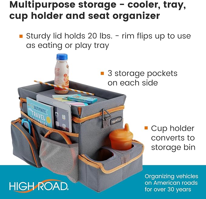 High Road CarHop Car Caddy Organizer with Tray, Trip Cooler and Cup Holder | Middle Seat Organizer for Kids Toys and Snacks in the Backseat and Passenger Seat Car Snack Organizer for Drivers - Image 2