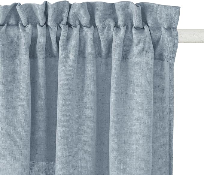 RYB HOME Flax Linen Blend Curtains for Closet Kitchen, Semi Translucent Privacy Protection Light Filtering Decorative Short Small Window Drapes for Bedroom, W 52 x L 36 inches, Dusty Blue, 2 Panels by RYBHOME