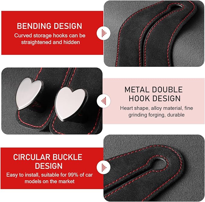2 PCS Car Seat Headrest Hook, Suede Cute Heart Shape Metal Double Head Purse Hook, Universal Automotive Seat Back Storage Hanger, Car Accessories for Women (Black) - Image 4